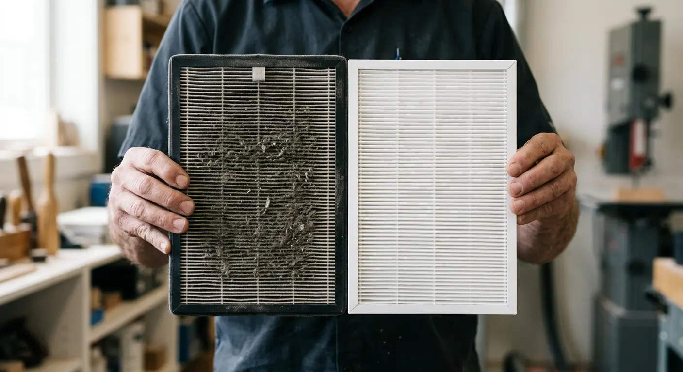 Used jet-black dirty air filter compared to new clean filter